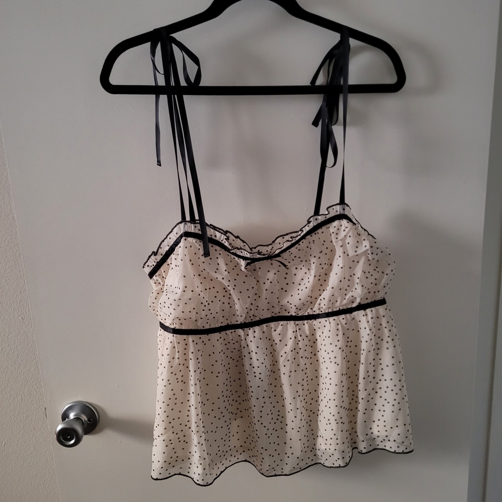 Fashion Nova Cream Polka Dot Tie-Strap Camisole with Black Trim